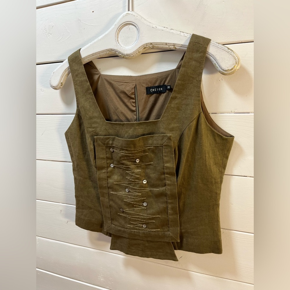 CRÉTON Olive Structured Sleeveless Top Size 38 - Picture 3 of 10